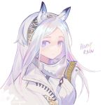  1girl animal_ear_fluff animal_ears arknights blue_eyes character_name expressionless hairband heavyrain_(arknights) highres horse_ears jacket looking_at_viewer mayf42 shirt simple_background solo upper_body white_background white_hair white_jacket white_shirt 