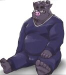  2022 anthro belly big_belly black_body bottomwear clothing exe_exem eyewear glasses humanoid_hands kemono male mammal overweight overweight_male pants shirt simple_background sitting solo suid suina sus_(pig) topwear white_background wild_boar 