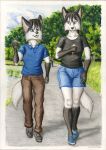  alex_(syntech) anthro bottomwear brother brother_and_sister canid canine clothing dessert duo female food footwear forest fox fur hi_res holding_object ice_cream looking_at_another maja_(syntech) male mammal open_mouth pants plant shirt shoes sibling sister syntech teenager topwear tree walking water white_body white_fur young 