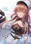  1girl azur_lane bangs black_gloves black_legwear black_leotard breasts chinese_commentary cleavage coat collarbone crossed_bangs earrings eyebrows_visible_through_hair fur_trim gloves hair_between_eyes hair_over_breasts hair_over_one_breast hand_up hat highres jewelry large_breasts leotard long_bangs long_hair long_sleeves off_shoulder open_mouth red_hair shadow shiny shiny_hair sking snowflakes snowing solo teeth upper_body upper_teeth volga_(azur_lane) white_coat wide_sleeves yellow_eyes 