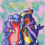  1:1 agnph album_cover aliasing ambiguous_gender apricorn black_sclera blue_body bp_(artist) cel_shading cover digital_drawing_(artwork) digital_media_(artwork) duo ekans english_text feral fish flower gabite garchomp generation_1_pokemon generation_4_pokemon holding_object looking_at_viewer marine multicolored_body nintendo pink_flower plant pokemon pokemon_(species) scalie shaded shark sharp_teeth simple_background soft_hair_(band) standing teeth text two_tone_body yellow_text 