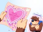 &lt;3 anthro backpack banjo-kazooie banjo_(banjo-kazooie) blush brown_body brown_fur eyes_closed fur happy hi_res holding_letter holidays hugging_object male mammal patched rareware skeletonguys-and-ragdolls smile solo tsundere ursid valentine&#039;s_day valentines_day_card video_games wavy_mouth 