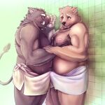 2013 anthro belly big_belly blush bodily_fluids bulge clothed clothing detailed_background duo erection erection_under_clothing erection_under_towel humanoid_hands kemono male male/male mammal moob_grab moobs nipples oaks16 overweight overweight_male suid suina sus_(pig) sweat towel ursid wild_boar 