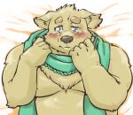  anthro belly bird_dog blush canid canine canis cu_sith_(tas) domestic_dog embarrassed exe_exem fur golden_retriever green_eyes hunting_dog lifewonders low_res lying male mammal musclegut on_back pecs retriever scarf solo tokyo_afterschool_summoners video_games yellow_body yellow_fur 