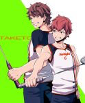  2boys ataka_takeru badminton_racket brown_eyes brown_hair green_background grin hand_on_hip male_focus multiple_boys pants racket red_hair ryman&#039;s_club saeki_touya short_hair short_sleeves simple_background sleeveless smile sportswear takeda_kouki two-tone_background 