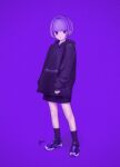  1girl absurdres closed_mouth full_body highres hood hoodie looking_at_viewer original purple_background purple_eyes purple_footwear purple_hair purple_legwear purple_theme ryuchin shoes short_hair signature simple_background sneakers socks solo standing 