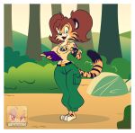  2020 anthro barefoot blue_eyes bottomwear breasts brown_hair clothing feet felid female green_bottomwear green_clothing green_pants hair hi_res holding_object mammal nafyo-toons outside pantherine pants plant rock shrub smile solo standing tiger tree union_jack 