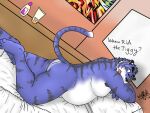  2013 anthro bed bedroom belly big_belly black_nose blue_body butt english_text felid furniture inside kemono male mammal moobs overweight overweight_male pantherine solo text tiger vvolfaith white_body 