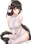  1girl absurdres artist_name azur_lane bangs black_hair blush breasts brown_eyes china_dress chinese_clothes closed_mouth covered_navel dress elbow_gloves eyebrows_visible_through_hair feet_out_of_frame fingerless_gloves garter_straps gloves hair_ribbon highres ichikushi_mojibake lips long_hair looking_at_viewer medium_breasts official_alternate_costume ponytail ribbon sitting smile solo takao_(azur_lane) takao_(the_lessons_of_spring)_(azur_lane) thighhighs very_long_hair white_background white_dress white_gloves white_legwear white_ribbon 