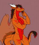  anthro black_hair blue_eyes dragon facial_hair goatee hair hi_res horn male multicolored_body multicolored_hair nude orange_body red_hair scalie sharkiedude solo two_tone_body white_horn wings 