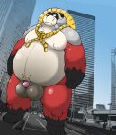  2013 balls belly big_balls big_belly black_nose canid canine city clothing genitals grey_body hat headgear headwear kemono machine macro male mammal moobs nipples outside overweight overweight_male penis raccoon_dog real red_body robot solo tanuki wantaro 