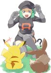  1girl belt black_headwear breasts gloves hat highres open_mouth pokemon pokemon_(creature) pokemon_(game) pokemon_rgby short_hair skirt team_rocket team_rocket_grunt team_rocket_uniform thighhighs 