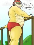  2012 anthro belly beverage big_belly bowser butt clothing coffee cute_fangs english_text kemono koopa male mario_bros mug nintendo outside overweight overweight_male scalie solo text underwear video_games vvolfaith 