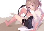  1girl bangs black_shorts blush brown_hair full_body highres joy-con looking_at_viewer medium_hair open_mouth original pink_eyes ring_fit_adventure scrunchie shirt short_shorts shorts sitting smile thigh_strap tied_hair uut white_shirt 