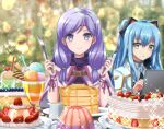  2girls animal_ears blue_hair blurry blurry_background butter butter_knife cake circlet collared_shirt computer cookie cup dessert eiyuu_densetsu fake_animal_ears fire_emblem fire_emblem:_path_of_radiance food food_focus fork fruit holding holding_fork holding_knife ice_cream ilyana_(fire_emblem) kakiko210 knife laptop lens_flare long_hair multiple_girls pancake plate pudding purple_eyes purple_hair shirt smile stack_of_pancakes star_(symbol) strawberry strawberry_shortcake sundae sweets syrup tied_hair tio_plato whipped_cream yellow_eyes zero_no_kiseki 