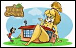  2018 animal_crossing anthro bodily_fluids body_size_growth breasts building canid canine canis cloud destruction domestic_dog duo female flying_sweatdrops fur grass human isabelle_(animal_crossing) macro male mammal nafyo-toons nintendo nipples outside plant size_transformation smile sweat sweatdrop transformation video_games villager_(animal_crossing) yellow_body yellow_fur 