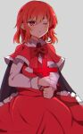  1girl black_cape blush bow bowtie cape capelet collared_shirt cross frilled_skirt frills highres holding holding_cross long_sleeves okazaki_yumemi one_eye_closed red_bow red_bowtie red_capelet red_eyes red_hair red_skirt red_vest shirt short_hair skirt smile touhou touhou_(pc-98) vest white_shirt zeroko-san_(nuclear_f) 
