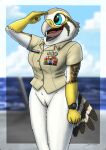  absurd_res anthro avian badge bird bottomless bottomless_female clitoris clock clothed clothing evy_(fish_birb) falcon falconid female fish_birb front_view genitals gesture hi_res kestrel military military_clothing military_uniform navy no_underwear partially_clothed pussy ribbons salute sea ship slim solo u.s._navy uniform vehicle watch water watercraft 