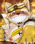  &lt;3 absurd_res anthro blush canid canine canis domestic_dog eyewear facial_hair fur goggles grin hi_res lifewonders live-a-hero looking_at_viewer male mammal mustache nipples procy short_stack slightly_chubby smile solo video_games yellow_body yellow_fur zuppa_chidori11 