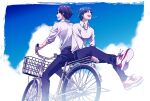  2boys :d artist_name ataka_takeru back-to-back belt bicycle bicycle_basket black_hair black_pants blue_hair blue_sky closed_eyes cloud collared_shirt day glasses ground_vehicle laughing long_sleeves male_focus multiple_boys multiple_riders outdoors pants riding_bicycle ryman&#039;s_club shiratori_mikoto_(ryman&#039;s_club) shirt shirt_tucked_in shoes short_hair sideways_mouth sky sleeves_folded_up smile sneakers tachibana_azuma white_shirt 