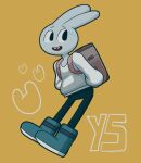  adventure_time anthro backpack boots buckteeth cartoon_network clothed clothing digital_media_(artwork) english_text female footwear hands_behind_back lagomorph leggings legwear leporid mammal number open_mouth rabbit simple_background solo sweater teeth text topwear y5_(adventure_time) yellow_background yourrealcruise 