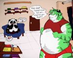  2010 anthro belly big_belly blush bulge clothed clothing duo english_text erection erection_under_clothing felid giant_panda green_body humanoid_hands kemono male male/male mammal overweight overweight_male pantherine shirt sitting text tiger topwear underwear ursid vvolfaith white_body 