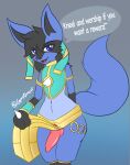  anthro blue_body blue_fur canid canine canis clothed clothing dialogue digital_media_(artwork) erection fluffy fluffy_tail fur genitals gyrodraws hi_res jackal looking_at_viewer lucario male mammal nintendo penis pok&eacute;mon pok&eacute;mon_(species) presenting presenting_penis ruins_style_lucario simple_background solo speech_bubble talking_to_viewer text thick_thighs video_games 