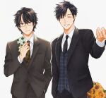  2boys bangs black_hair black_necktie black_pants bouquet brown_necktie closed_eyes flower formal hand_in_pocket highres looking_at_viewer male_focus multiple_boys necktie pants parted_bangs plaid_necktie ponkotsu_keisatsukan_wa_watashi_ni_muchuu short_hair standing suit ueno_haruki 