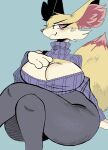  anthro anthrofied big_breasts braixen breasts cleavage cleavage_cutout clothed clothing cute_fangs dipstick_tail female hand_on_breast hi_res keyhole_turtleneck markings nintendo pok&eacute;mon pok&eacute;mon_(species) puppychan48 sitting smile smug snaggle_tooth solo sweater tail_markings thick_thighs topwear video_games wide_hips 