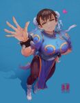  1girl bangs blue_background boots bracelet breasts brown_hair bun_cover china_dress chinese_clothes chun-li closed_eyes closed_mouth commentary_request double_bun dress fingernails full_body gold_trim hand_on_hip hand_up highres jewelry knee_boots lee5 lips long_hair looking_at_viewer medium_breasts pantyhose pelvic_curtain puffy_short_sleeves puffy_sleeves shadow short_hair short_sleeves signature simple_background skin_tight smile spiked_bracelet spikes standing street_fighter street_fighter_ii_(series) tied_hair white_footwear 