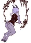  2015 anthro bottomless bottomless_anthro bottomless_female bovid butt caprine clothed clothing cloven_hooves domestic_goat ear_piercing female fur genitals goat hi_res hooves horn mammal marble_(thalomine) nigerian_dwarf_goat piercing purple_body purple_fur pussy raised_tail signature simple_background solo thalomine topwear 