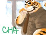  2013 anthro biped clothing eyewear felid glasses humanoid_hands kemono koto_(pixiv_2766446) male mammal necktie orange_body pantherine shirt solo text tiger topwear unavailable_at_source white_body 