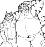  2013 anthro belly big_belly bottomwear bulge canid canine canis clothing duo embrace felid hug humanoid_hands kemono male male/male mammal overweight overweight_male pantherine pants shirt simple_background tiger topwear vvolfaith white_background wolf 