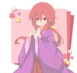  1girl bow closed_mouth cocoa_(cocoa1qld) commentary_request ellipsis_(mitei) eyebrows_visible_through_hair floral_print hair_bow happy japanese_clothes kimono kotohime_(touhou) long_hair long_sleeves looking_at_viewer ponytail purple_kimono red_eyes red_hair red_skirt skirt smile tied_hair touhou touhou_(pc-98) wide_sleeves yellow_bow 