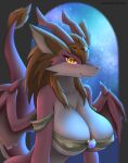  2022 anthro big_breasts blush breasts brown_hair circlet cleavage clothed clothing cute_fangs dragon faroula_twitt female hair hi_res horn kemono looking_at_viewer multicolored_body multicolored_eyes multicolored_scales night nipple_outline pupils red_body red_eyes red_scales scales scalie sky slit_pupils smile smiling_at_viewer solo star translated_description two_tone_body two_tone_scales under_boob white_body white_scales wings yellow_eyes 