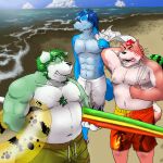  2009 anthro beach belly big_belly black_nose blue_body canid canine canis clothing cloud domestic_dog eyes_closed green_body group humanoid_hands kemono male mammal mikesiva moobs nipples outside overweight overweight_male seaside swimwear water 