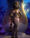  2021 abluedeer anklet anput anthro anubian_jackal armlet black_body black_fur bracelet breasts canid canine canis clothed clothing egyptian_clothing female fur glowing glowing_eyes green_eyes hi_res jackal jewelry mammal midriff moon navel night outside solo 