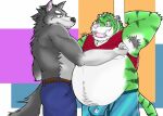  2015 anthro belly big_belly bottomwear bulge canid canine canis clothing duo felid green_body grey_body kemono male male/male mammal overweight overweight_male pantherine pants pink_nose tiger underwear vvolfaith white_body wolf 