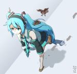  1girl aqua_eyes aqua_hair bags_under_eyes bird bird_nest detached_sleeves digiral empty_eyes from_above frown hatsune_miku headphones highres necktie sandals slouching solo tired toilet_paper twig vocaloid walking 