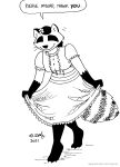  anthro belladonna_(tegerio) breasts clothed clothing dialogue dress english_text eyes_closed female fur gloves_(marking) hair mammal markings procyonid raccoon ring_(marking) ringtail smile solo tail_markings tegerio text whiskers 