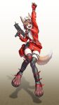  anthro breasts canid canine canis clothed clothing digital_media_(artwork) female fox fur girls_frontline gun hair hi_res jacket jumpsuit looking_at_viewer lyoung0j mammal open_mouth orange_body orange_fur pm-06_(girls_frontline) ranged_weapon red_clothing simple_background solo topwear weapon 