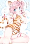  1girl animal_ear_fluff animal_ears animal_print arms_up blue_eyes breasts claw_pose cosplay covered_navel dokidoki_sister_aoi-chan grin highres looking_at_viewer michisaki_sumire_(dokidoki_sister_aoi-chan) one-piece_swimsuit pink_hair print_swimsuit ribbon short_hair side_ponytail small_breasts smile solo swimsuit tail tail_ornament tail_ribbon takahashi_tetsuya thigh_ribbon thighs tiger_ears tiger_girl tiger_print tiger_tail 