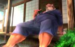  2013 anthro belly big_belly bodily_fluids brown_body brown_fur detailed_background food fruit fur humanoid_hands jinbei_(clothing) kemono male mammal melon oaks16 outside overweight overweight_male plant sitting solo sweat ursid watermelon watermelon_slice 