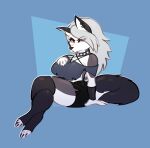  anthro breasts canid canid_demon canine canis clothed clothing collar demon digital_media_(artwork) female fur hair hellhound helluva_boss looking_at_viewer loona_(helluva_boss) mammal piercing red_sclera simple_background sjevi solo thick_thighs white_body white_fur wide_hips 