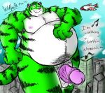  2010 aircraft airplane anthro balls belly big_belly city english_text erection eyes_closed felid genitals green_body humanoid_genitalia humanoid_hands humanoid_penis kemono macro male mammal moobs nipples obese obese_male overweight overweight_male pantherine penis solo text tiger vvolfaith white_body 
