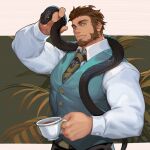  1boy bara beard black_necktie blue_eyes brown_hair cup earrings facial_hair hand_up highres holding holding_cup jewelry korean_commentary male_focus muscular necktie neilos ring shirt snake standing teacup vest white_shirt 
