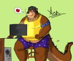  &lt;3 2012 anthro belly big_belly black_nose brown_body clothing computer eyewear glasses humanoid_hands kemono male mammal overweight overweight_male shirt simple_background solo topwear underwear vvolfaith 