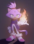  1girl blaze_the_cat breasts cat_girl closed_mouth expressionless fire forehead_jewel full_body fur_trim furry furry_female gloves hair_ornament high_heels highres lunaerim solo sonic_(series) white_gloves yellow_eyes 