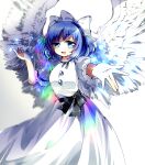  1girl angel_wings black_bow black_ribbon black_sash blue_eyes blue_hair bow breasts buttons commentary_request dress feathered_wings hair_bow highres mai_(touhou) ougi_maimai puffy_short_sleeves puffy_sleeves ribbon sash short_hair short_sleeves small_breasts touhou touhou_(pc-98) white_bow white_dress white_wings wings 