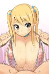  1boy 1girl absurdres age_difference bangs bikini blonde_hair breasts brown_eyes collarbone commentary_request fairy_tail gradient gradient_background hair_ornament hetero highres huge_breasts jewelry long_hair lucy_heartfilia motion_lines necklace onee-shota paizuri paizuri_under_clothes pink_background red_bikini sakidesu00 smile sweat swept_bangs swimsuit twintails white_background 
